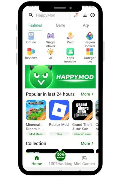 Screenshot of the HappyMod app interface showing popular game mods for Android.