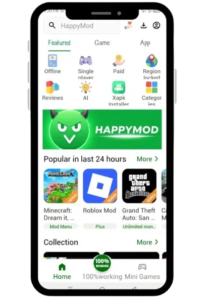 The HappyMod app interface showing verified apps.